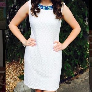 White Lace Dress Blue Jewel Detail Size 4